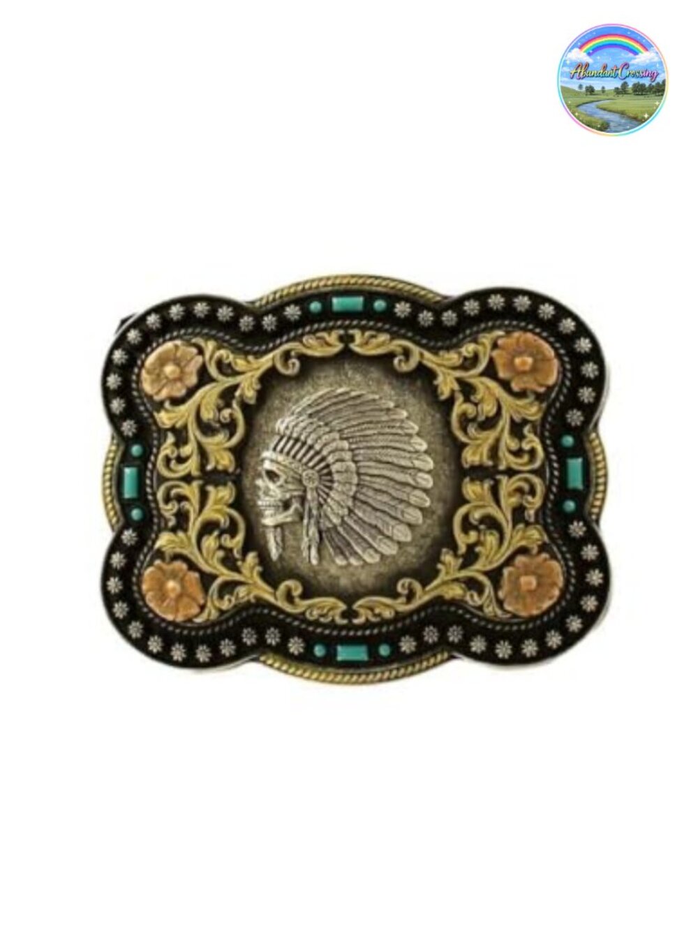 Indian Chief Skull Floral Scroll Antique Silver Western Belt Buckle 4 x 3.25